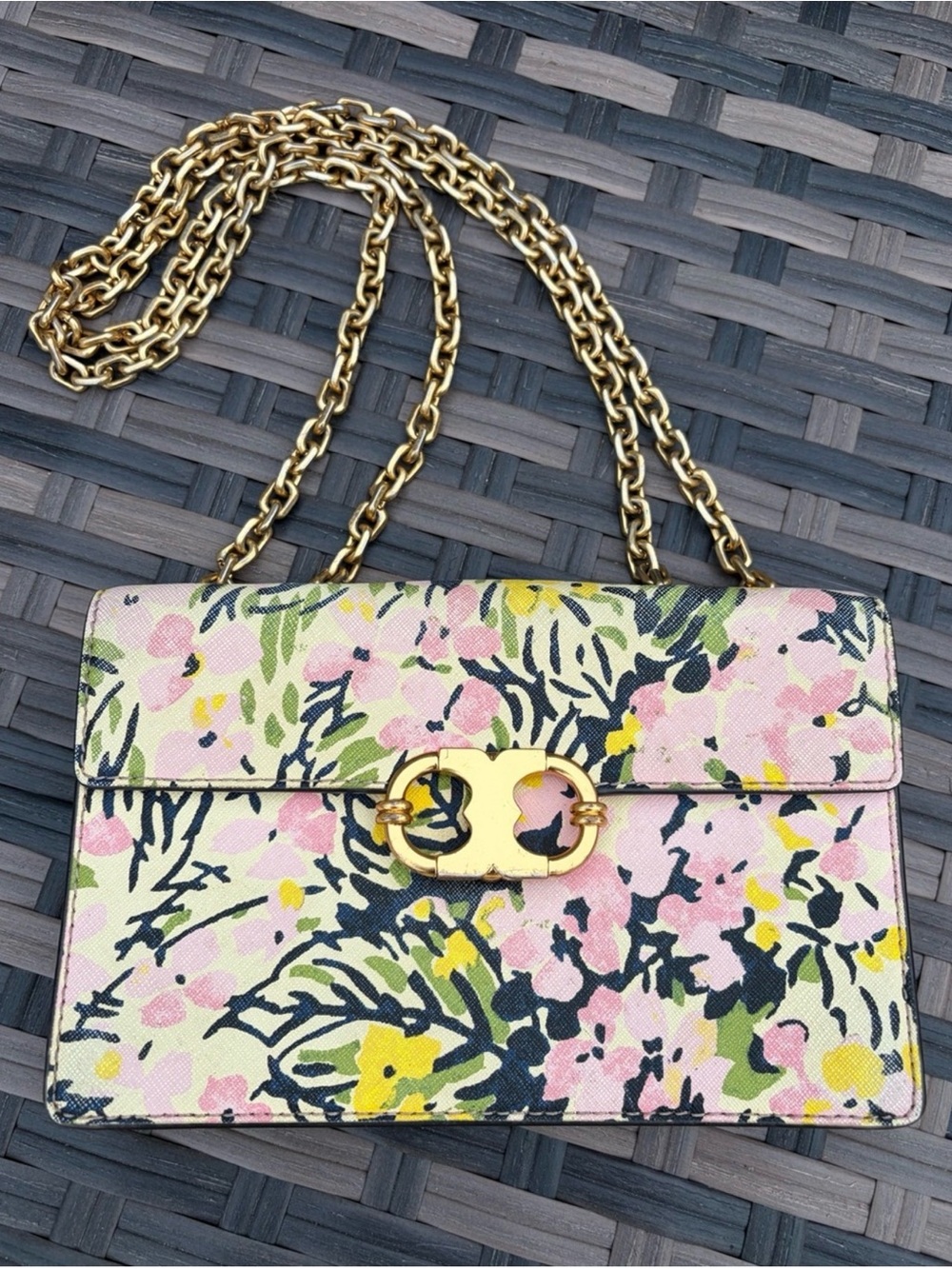 Tory Burch Gemini Link Floral Chain Shoulder Bag Pink Crossbody Purse